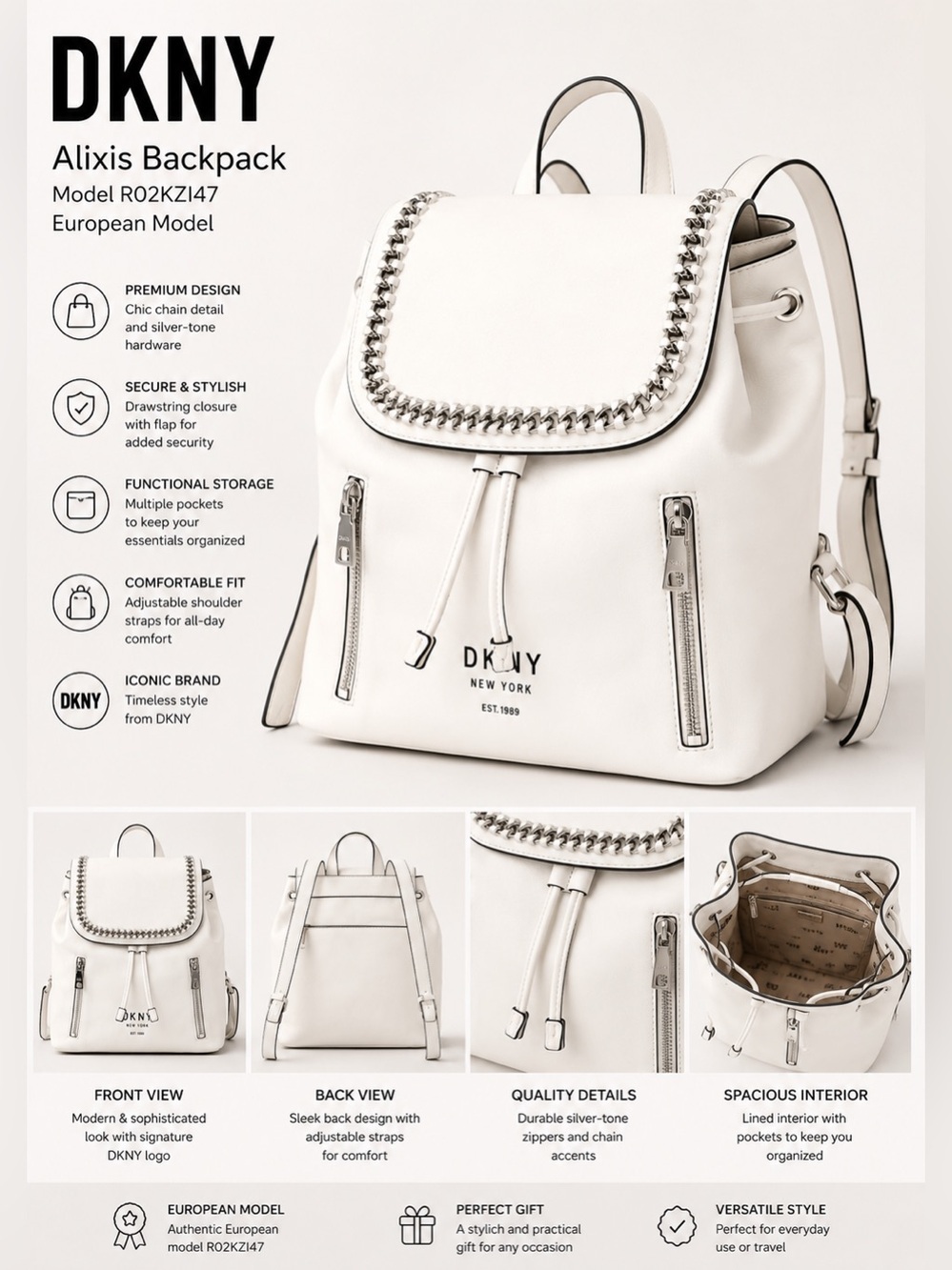 DKNY Alixis Backpack in white
Hard to find European model
Excellent inside